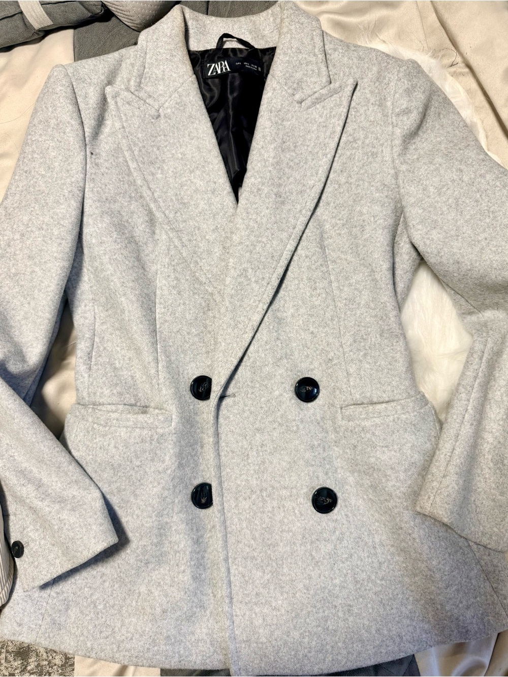 Zara Light Gray Double-Breasted Blazer Coat